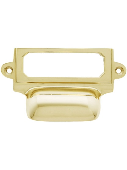 3 5/8 inch Cast Brass Label Holder and Bin Pull in Unlacquered Brass.